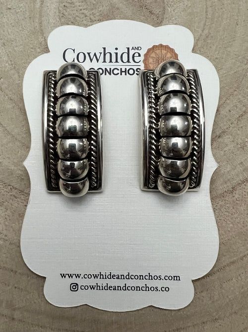 Thomas Charley Sterling Silver Earrings - Cowhide and Conchos