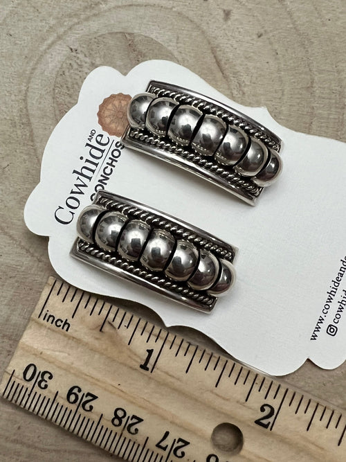 Thomas Charley Sterling Silver Earrings - Cowhide and Conchos