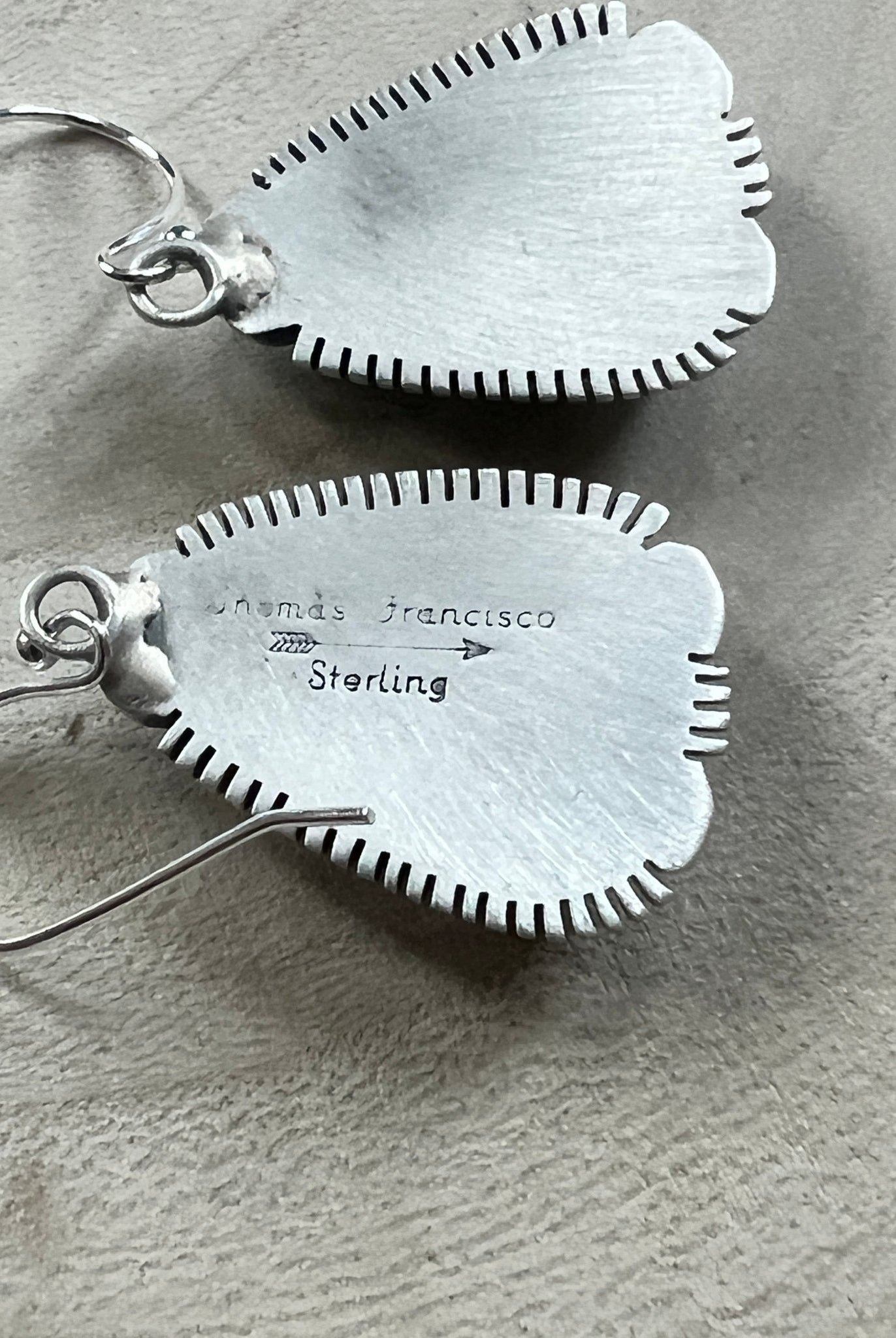 Thomas Francisco Navajo Sterling Silver Earrings with Tyrone Turquoise — 1 5/8" × 3/4" (Hallmarked) - Cowhide and Conchos