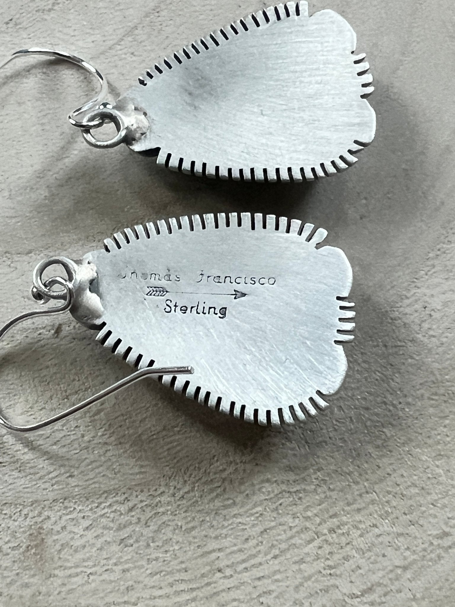 Thomas Francisco Navajo Sterling Silver Earrings with Tyrone Turquoise — 1 5/8" × 3/4" (Hallmarked) - Cowhide and Conchos