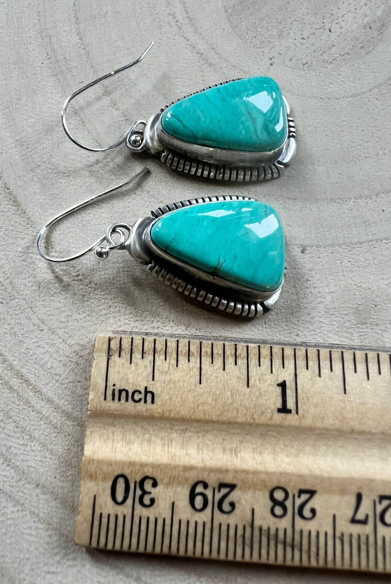 Thomas Francisco Navajo Sterling Silver Earrings with Tyrone Turquoise — 1 5/8" × 3/4" (Hallmarked) - Cowhide and Conchos