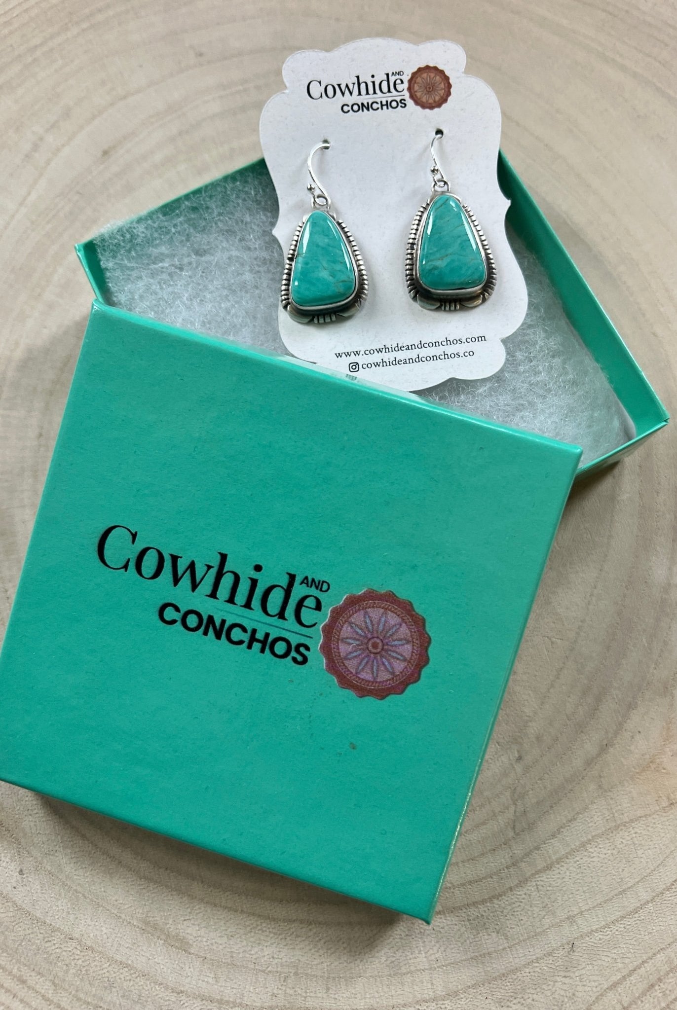Thomas Francisco Navajo Sterling Silver Earrings with Tyrone Turquoise — 1 5/8" × 3/4" (Hallmarked) - Cowhide and Conchos
