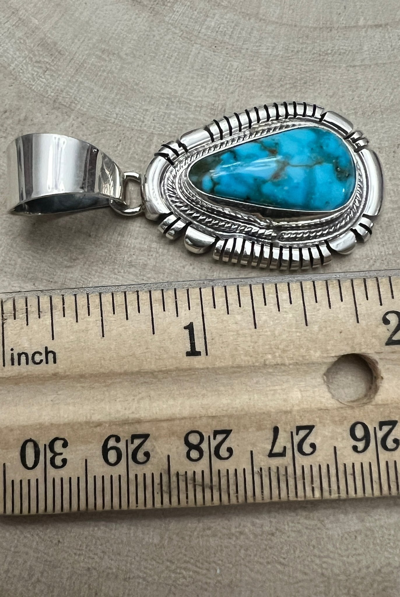 Thomas Francisco Navajo Sterling Silver Pendant with Kingman Turquoise — 2" × 7/8" (Hallmark) - Cowhide and Conchos