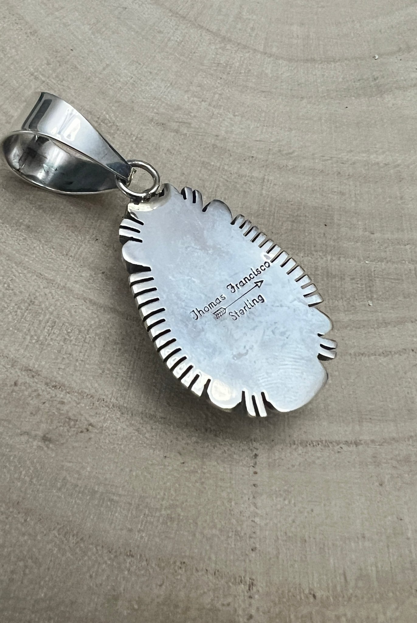 Thomas Francisco Navajo Sterling Silver Pendant with Kingman Turquoise — 2" × 7/8" (Hallmark) - Cowhide and Conchos