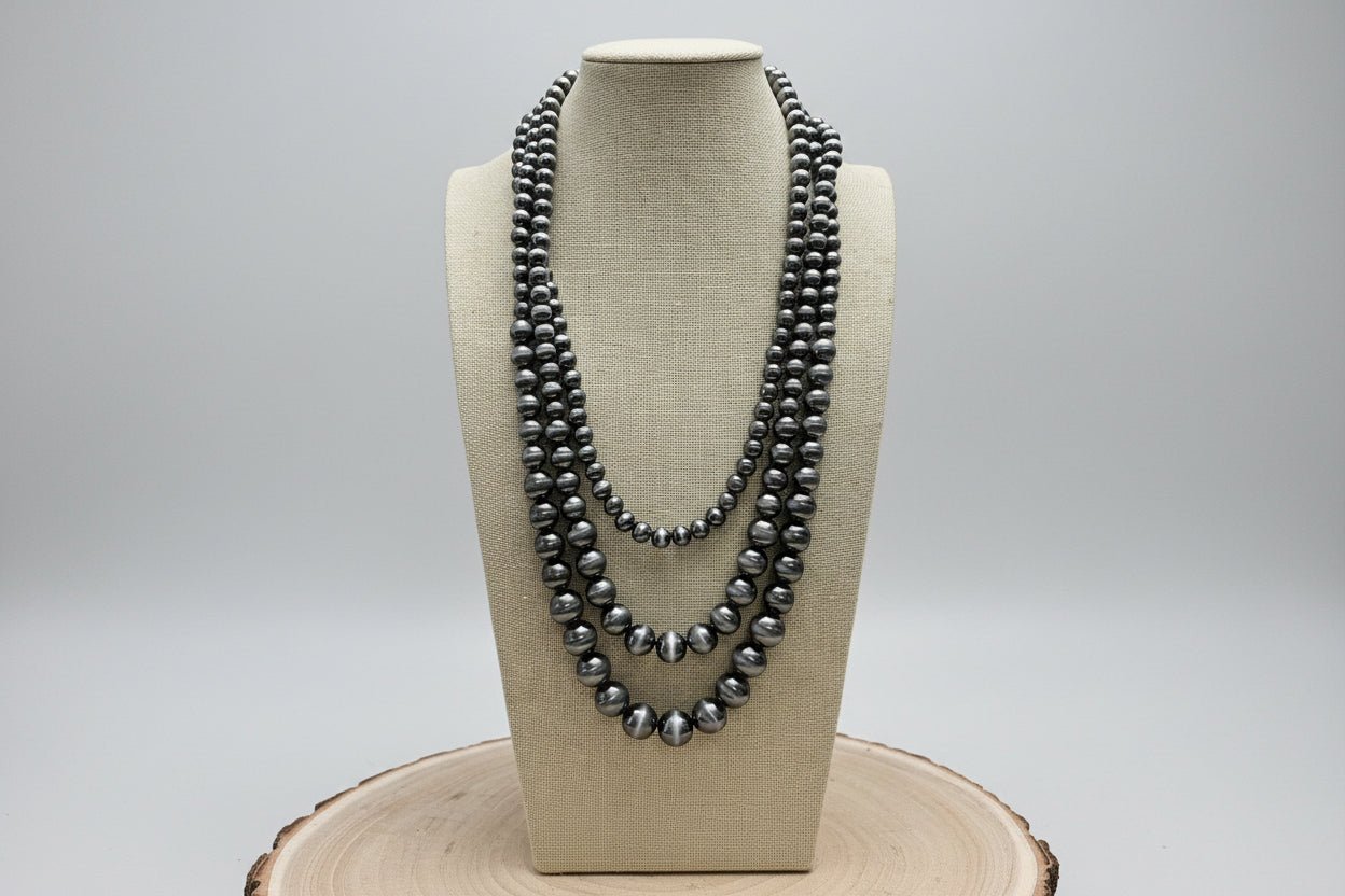 Three Long Strand Faux Sterling Pearl Layered Necklace Set - 35" + 3 - Cowhide and Conchos