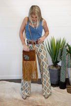 Thunderbird Cowhide Crossbody - Tooled Leather Cowhide Clutch - Cowhide and Conchos