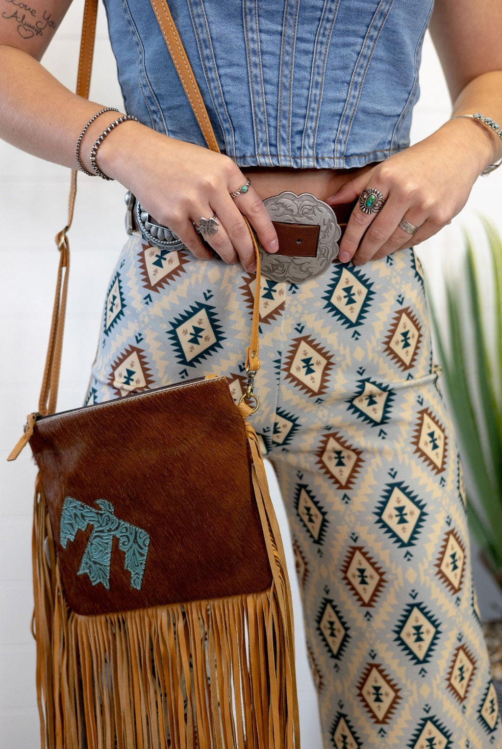 Thunderbird Cowhide Crossbody - Tooled Leather Cowhide Clutch - Cowhide and Conchos