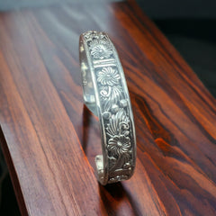 Tom Dinetso Sterling Silver Bracelet - 5 5/8 with 1" gap - Cowhide and Conchos