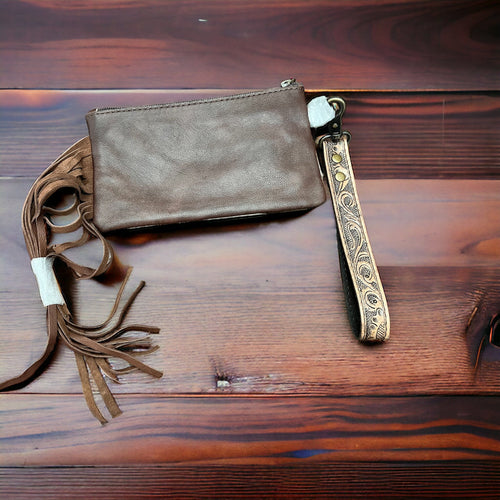 Tooled Cowhide Wristlet Pouch - Cowhide and Conchos