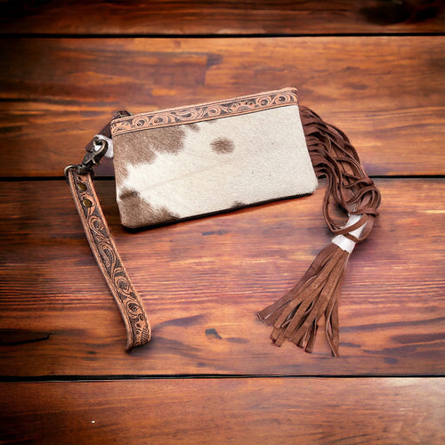 Tooled Cowhide Wristlet Pouch - Cowhide and Conchos