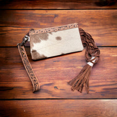 Tooled Cowhide Wristlet Pouch - Cowhide and Conchos
