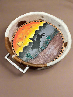Tooled Leather & Painted Tray - Sunset Bull Rider - Cowhide and Conchos
