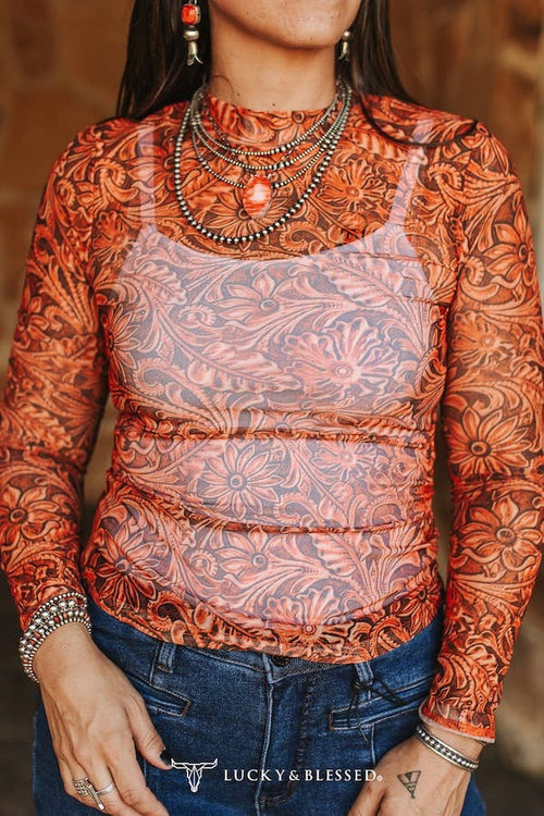 Tooled Long Sleeve Mesh Top - Cowhide and Conchos