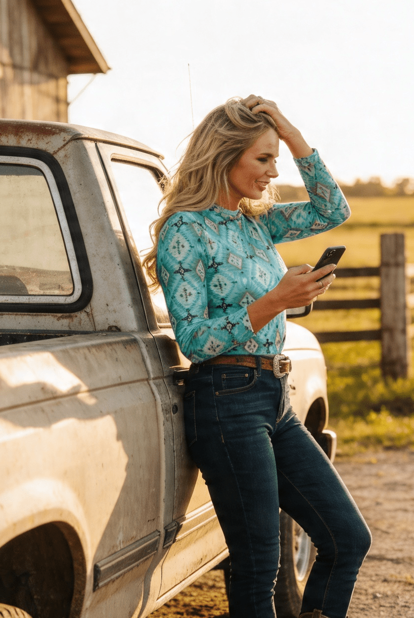 Turquoise Aztec Printed Long Sleeve Mesh Tops - Cowhide and Conchos