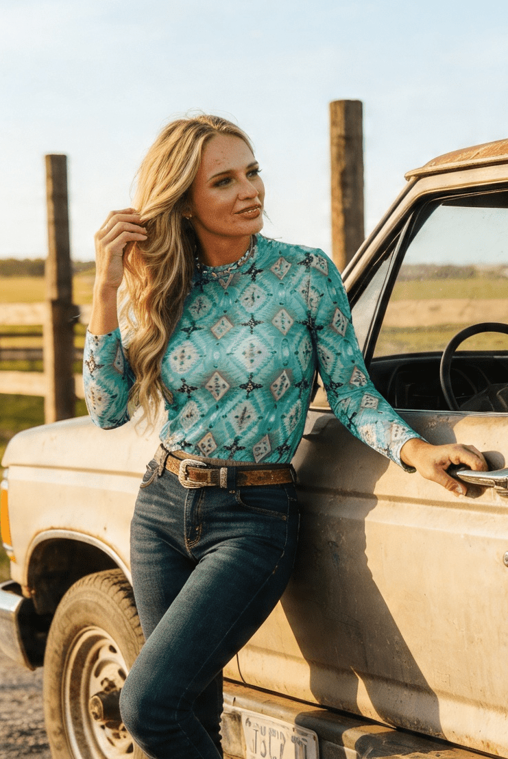 Turquoise Aztec Printed Long Sleeve Mesh Tops - Cowhide and Conchos