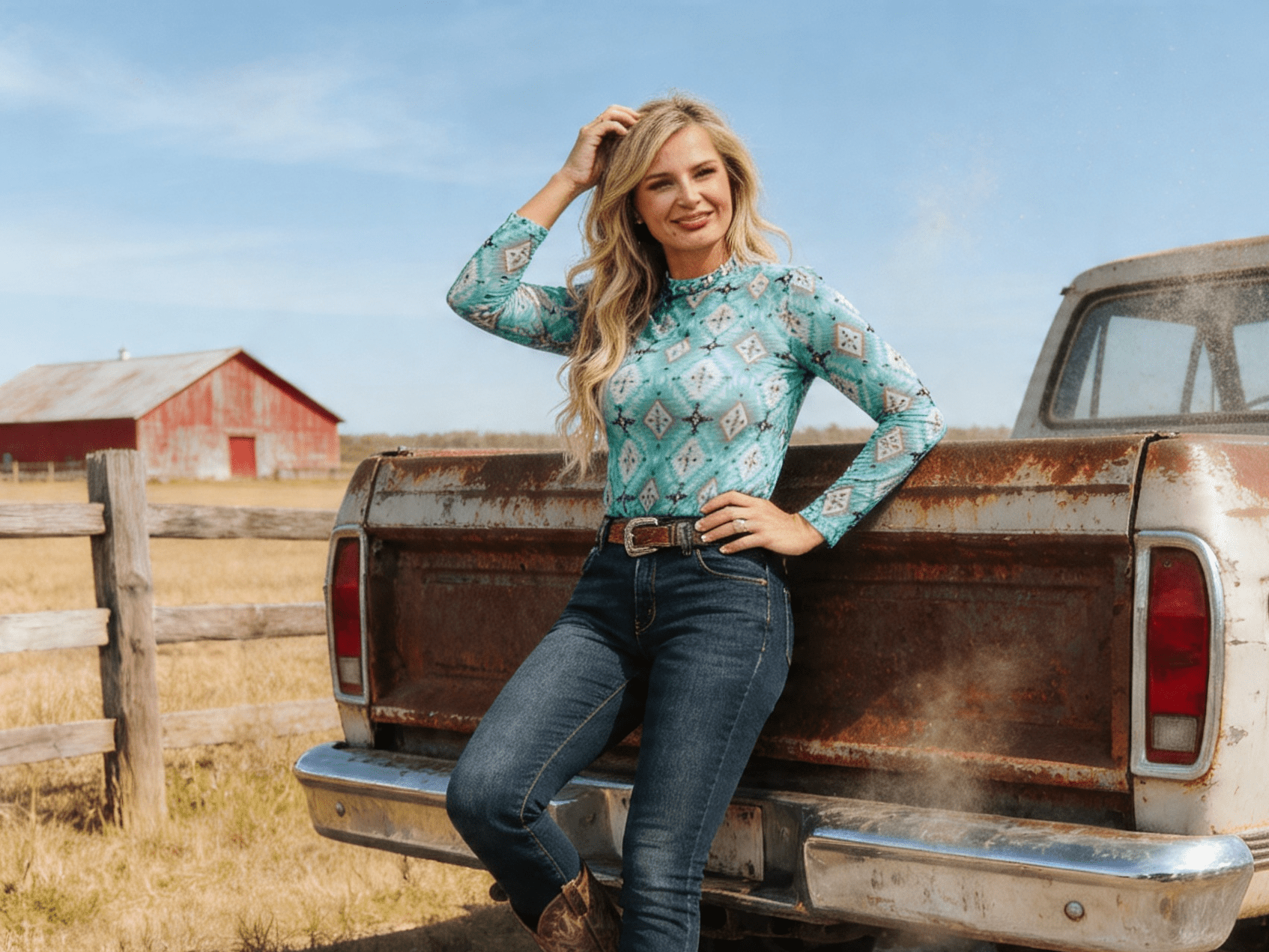 Turquoise Aztec Printed Long Sleeve Mesh Tops - Cowhide and Conchos