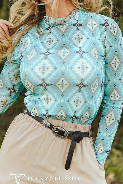 Turquoise Aztec Printed Long Sleeve Mesh Tops - Cowhide and Conchos