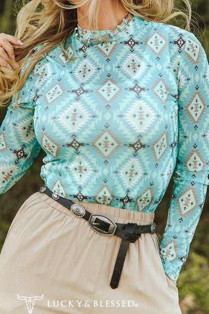 Turquoise Aztec Printed Long Sleeve Mesh Tops - Cowhide and Conchos