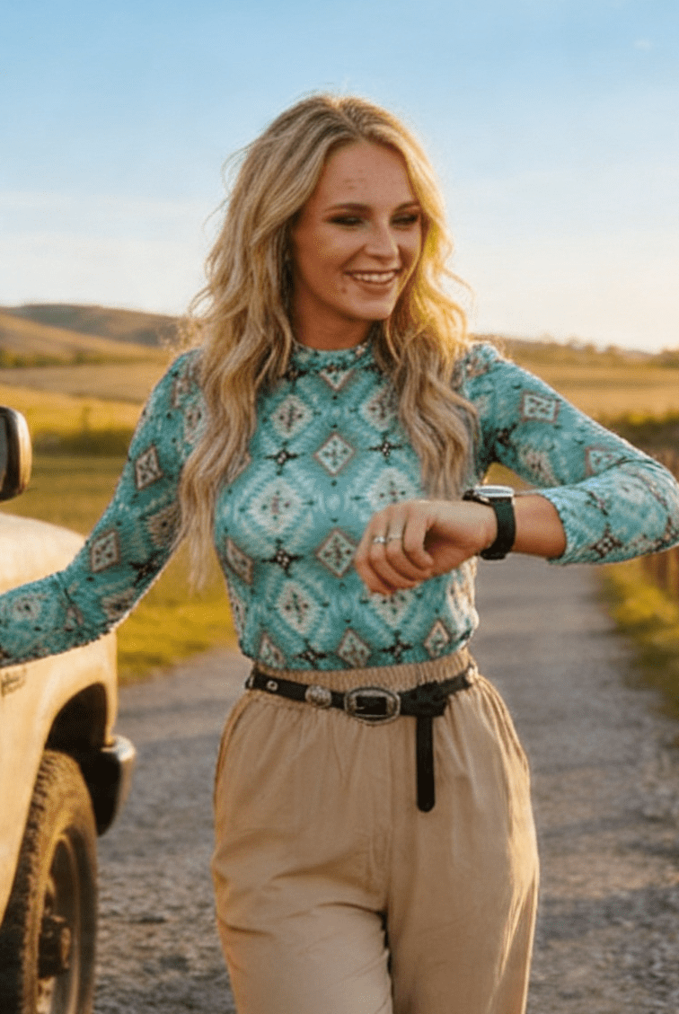 Turquoise Aztec Printed Long Sleeve Mesh Tops - Cowhide and Conchos