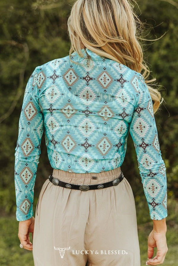 Turquoise Aztec Printed Long Sleeve Mesh Tops - Cowhide and Conchos