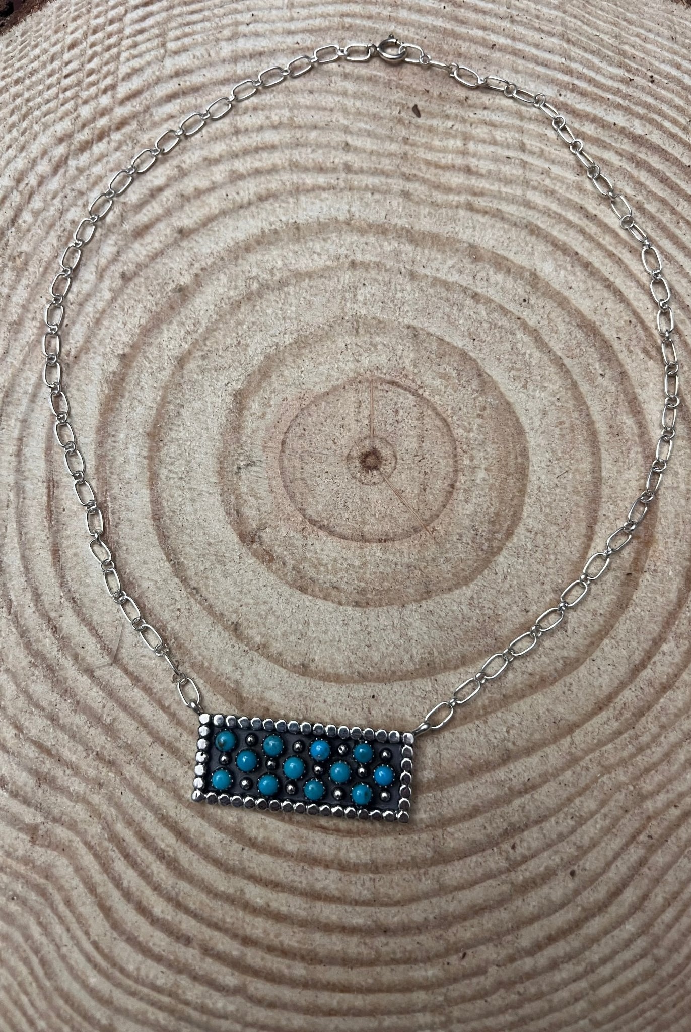 Turquoise Bar Necklace Pendant by Kenny Lonjose - 18 inch - Cowhide and Conchos