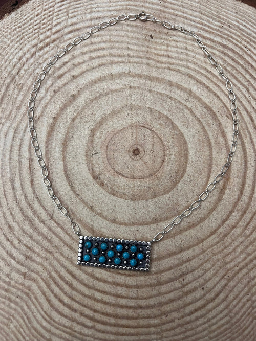 Turquoise Bar Necklace Pendant by Kenny Lonjose - 18 inch - Cowhide and Conchos