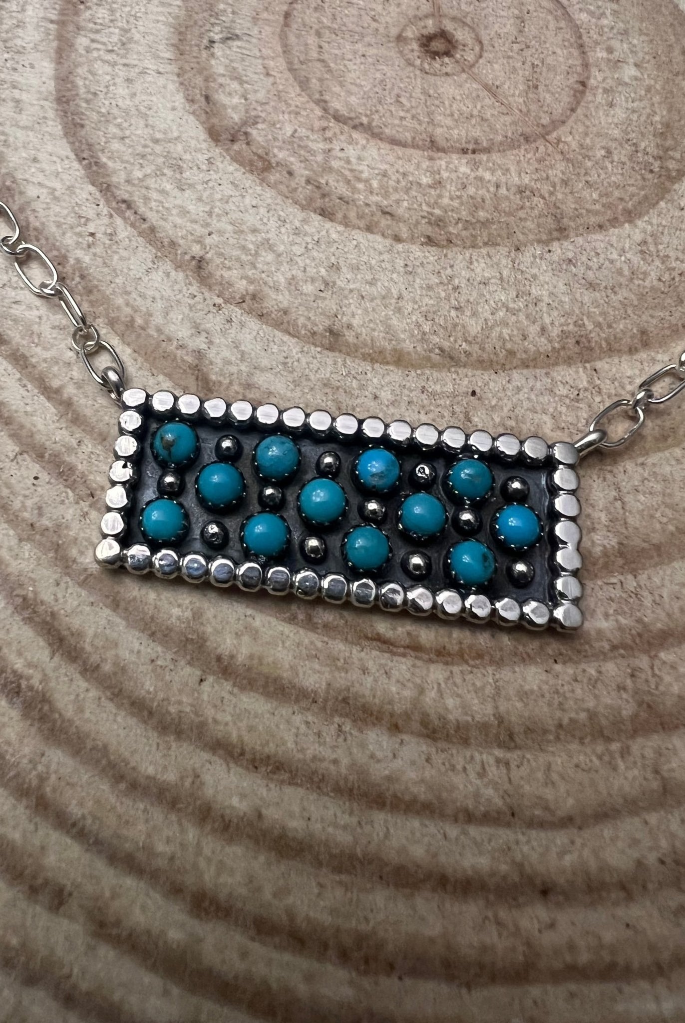 Turquoise Bar Necklace Pendant by Kenny Lonjose - 18 inch - Cowhide and Conchos