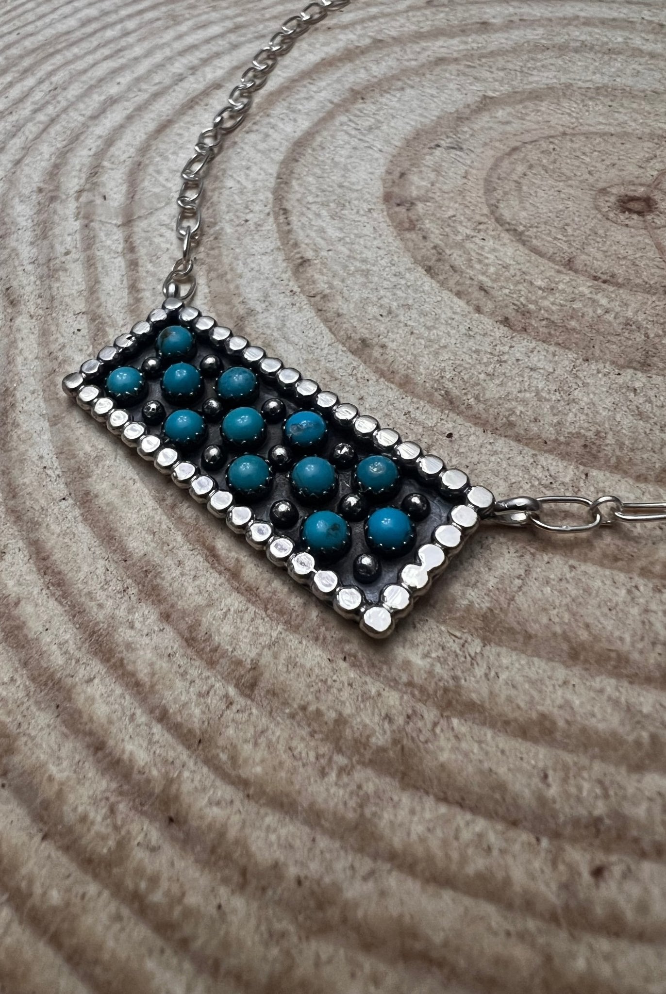 Turquoise Bar Necklace Pendant by Kenny Lonjose - 18 inch - Cowhide and Conchos
