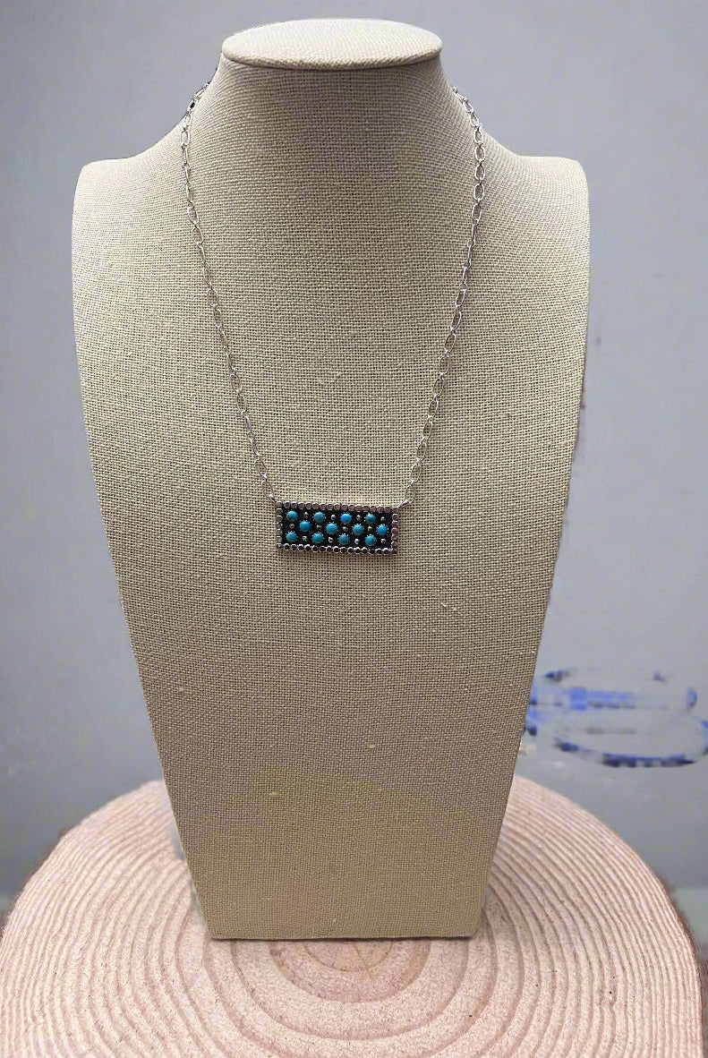 Turquoise Bar Necklace Pendant by Kenny Lonjose - 18 inch - Cowhide and Conchos
