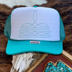 Turquoise Boot Stitch Print Trucker Hat - Cowhide and Conchos