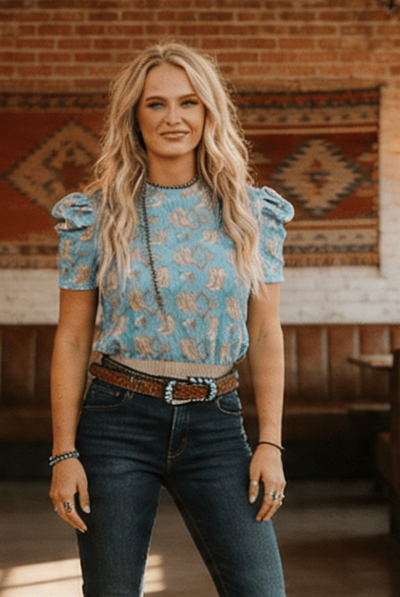 Turquoise Boots Printed Puff Short Sleeve Top - Cowhide and Conchos