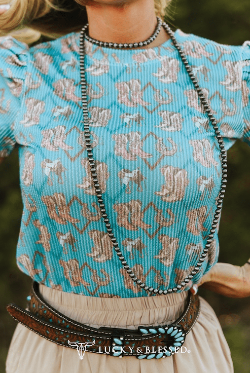 Turquoise Boots Printed Puff Short Sleeve Top - Cowhide and Conchos