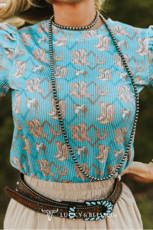 Turquoise Boots Printed Puff Short Sleeve Top - Cowhide and Conchos