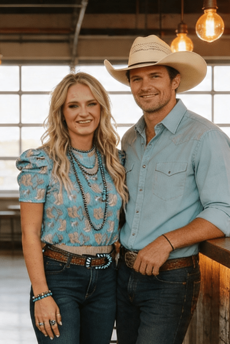 Turquoise Boots Printed Puff Short Sleeve Top - Cowhide and Conchos