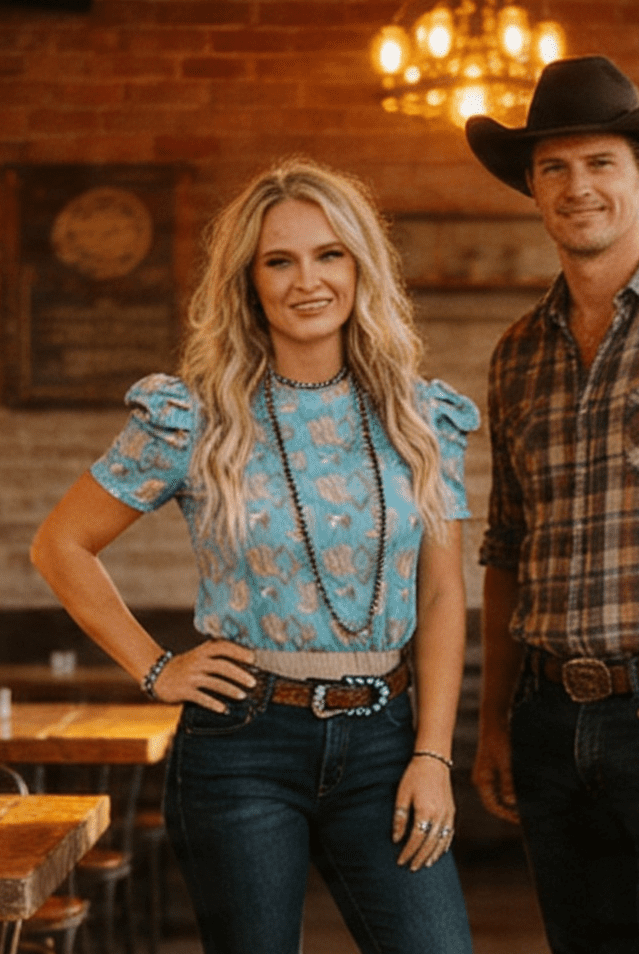 Turquoise Boots Printed Puff Short Sleeve Top - Cowhide and Conchos