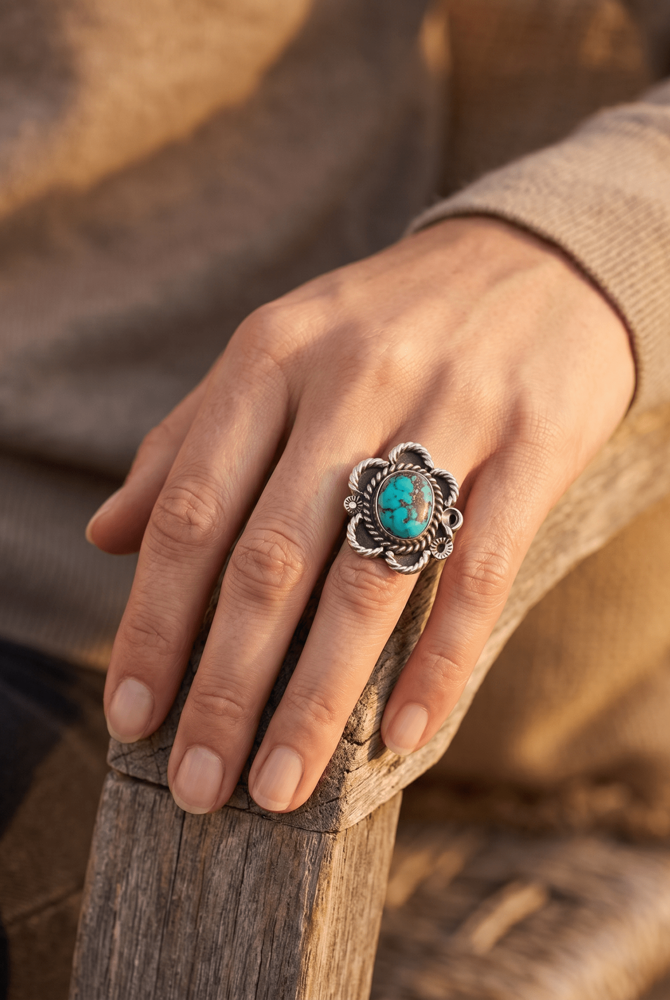 Turquoise Cabochon Sterling Silver Flower-Base Ring — Size 5 - Cowhide and Conchos