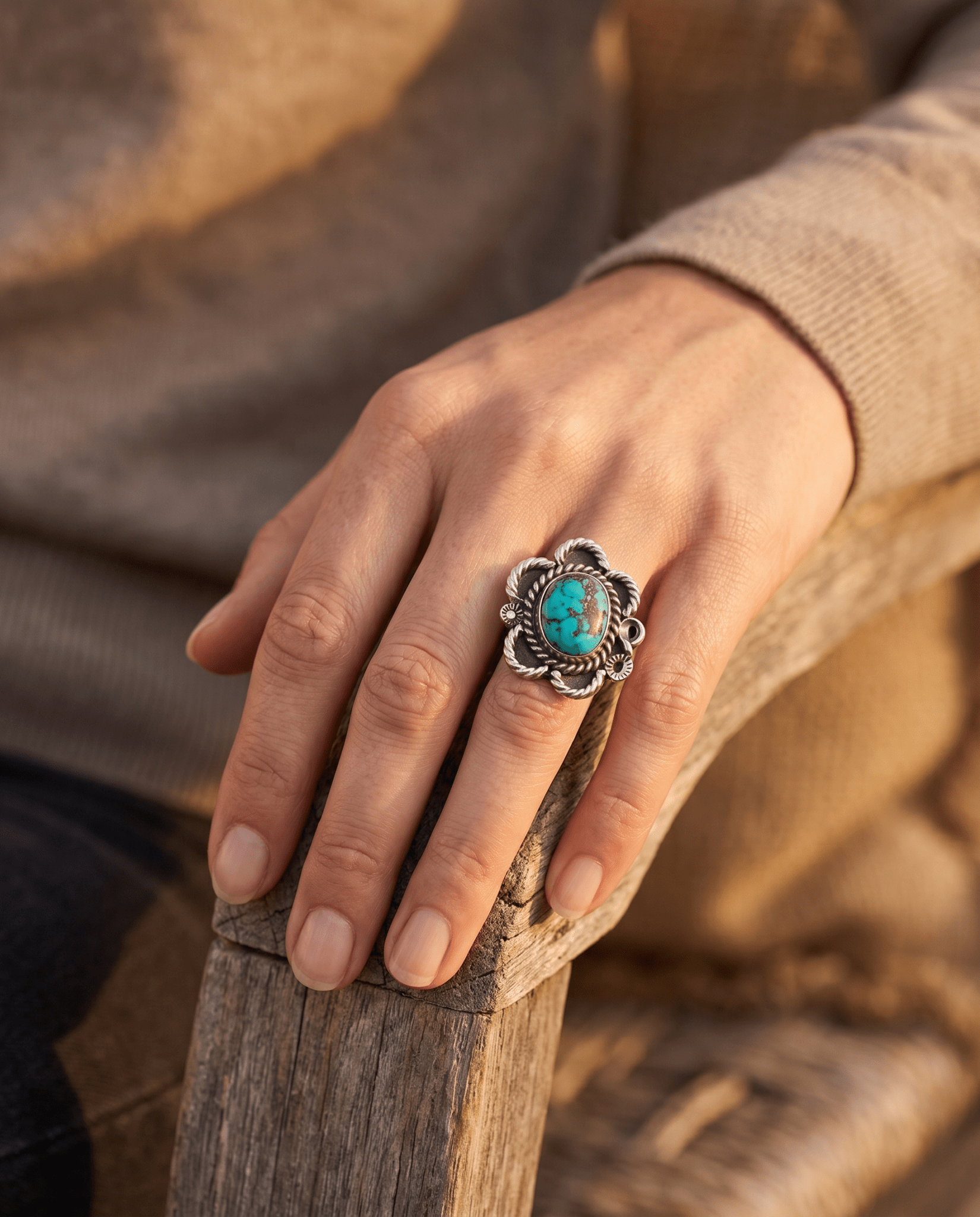 Turquoise Cabochon Sterling Silver Flower-Base Ring — Size 5 - Cowhide and Conchos