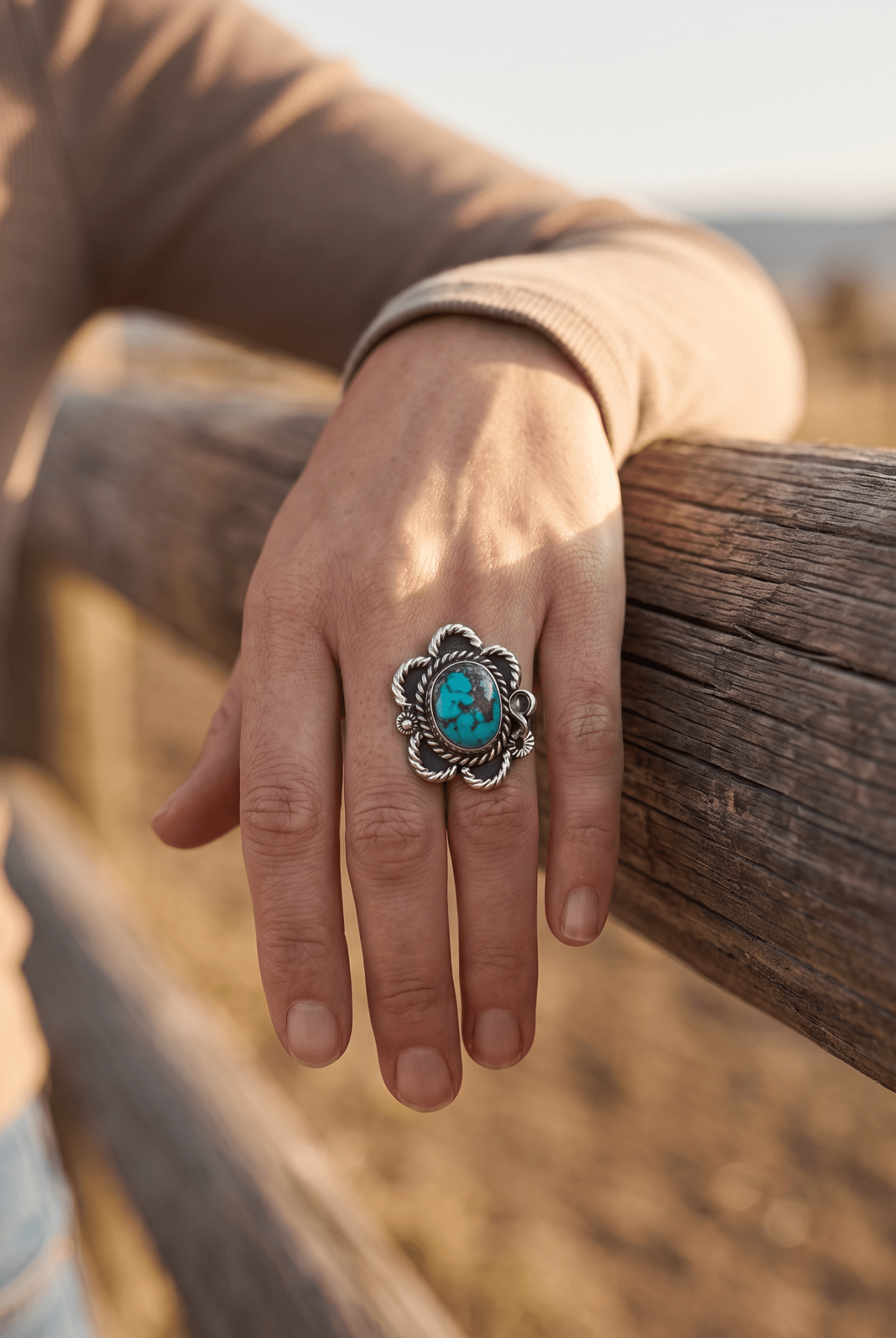 Turquoise Cabochon Sterling Silver Flower-Base Ring — Size 5 - Cowhide and Conchos
