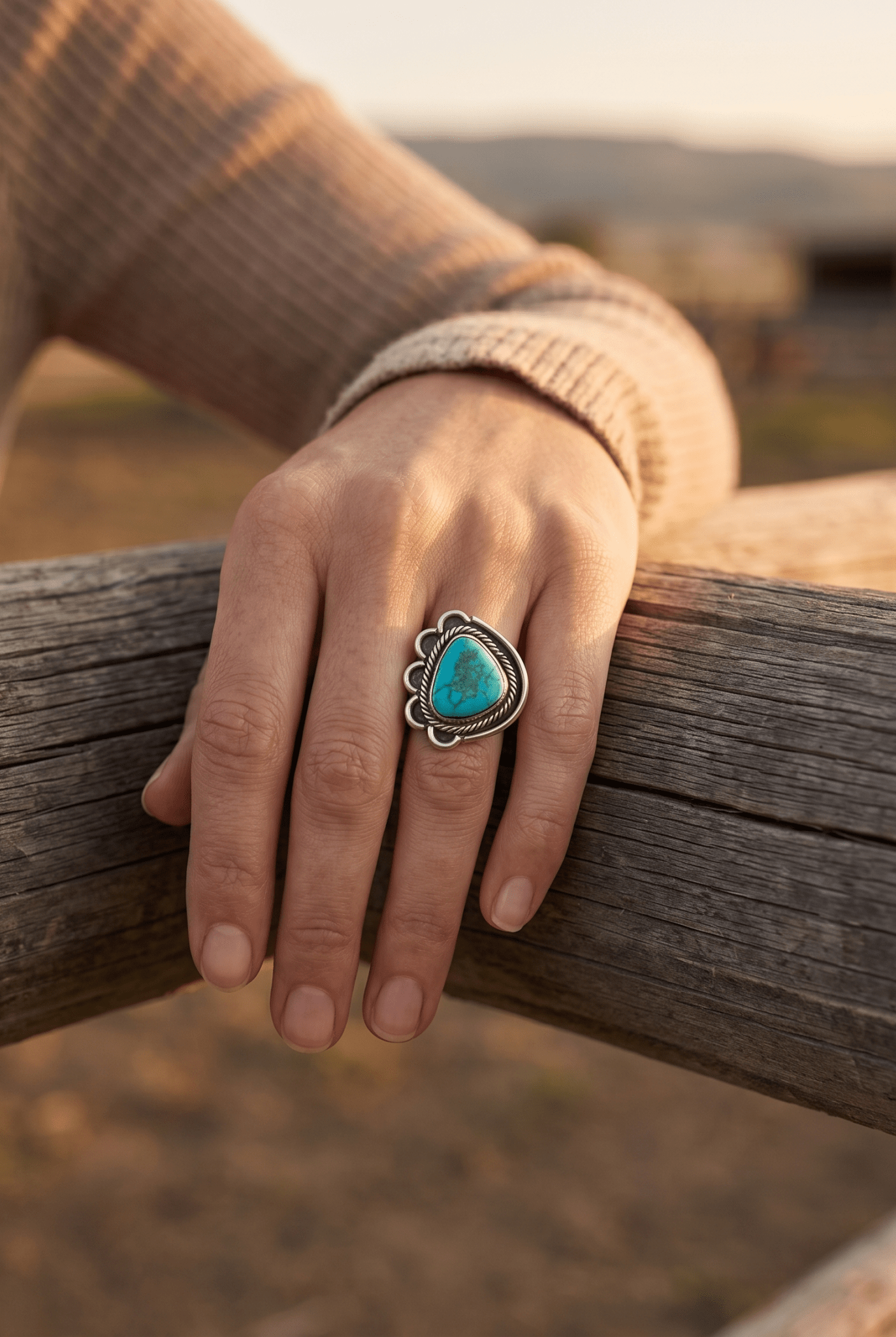 Turquoise Cabochon Sterling Silver Flower-Base Ring — Size 7 - Cowhide and Conchos
