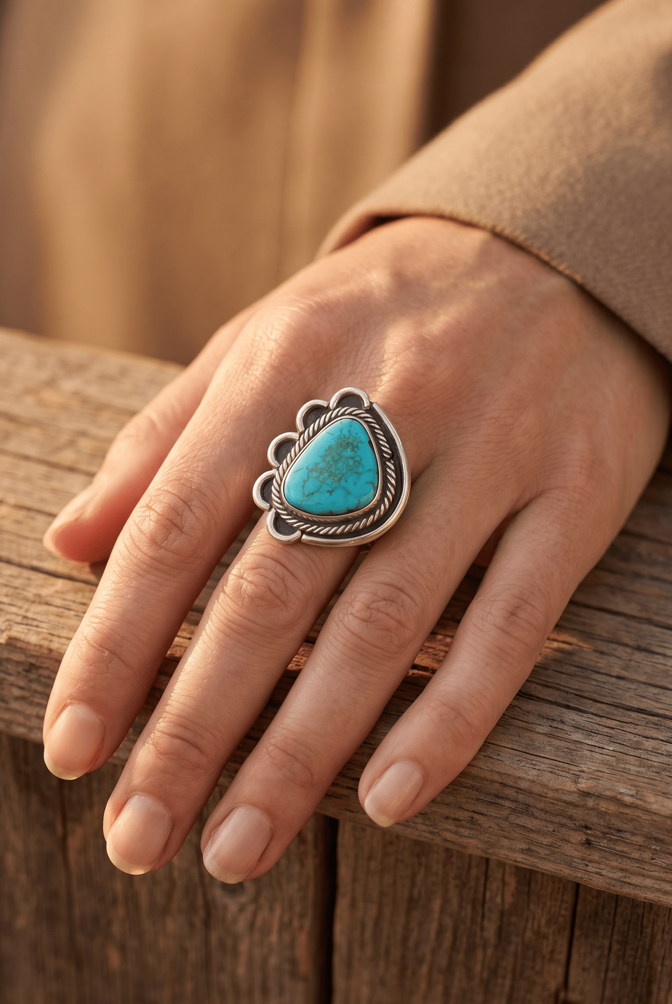 Turquoise Cabochon Sterling Silver Flower-Base Ring — Size 7 - Cowhide and Conchos