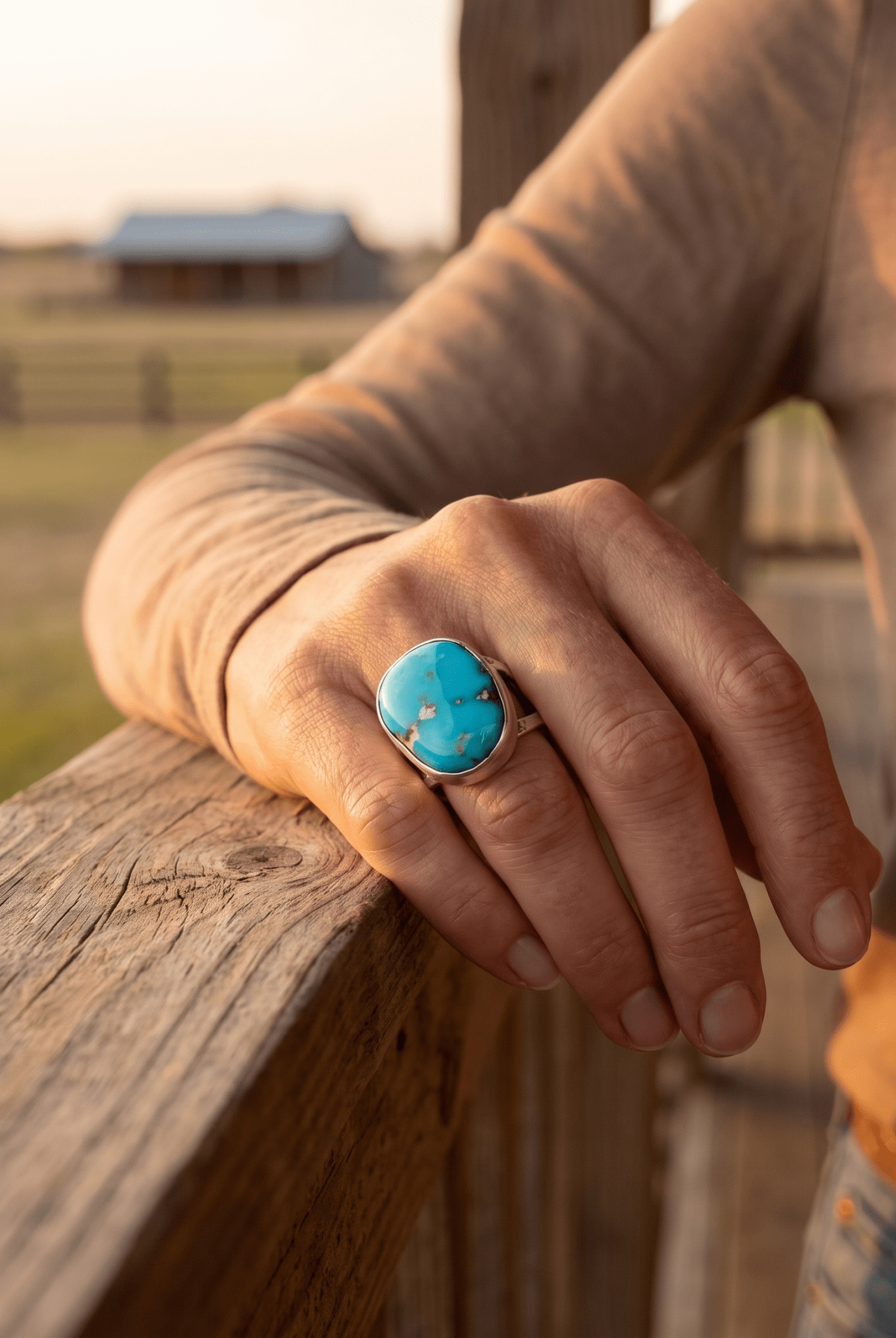 Turquoise Cabochon Sterling Silver Split-Band Statement Ring — Size 12.5 - Cowhide and Conchos