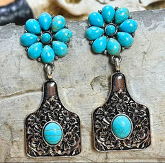 Turquoise Cluster Flower Ear Tag Earrings - Cowhide and Conchos