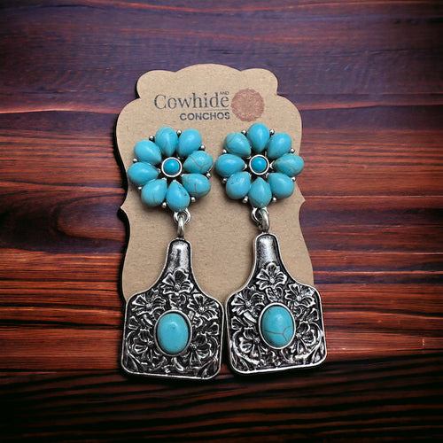 Turquoise Cluster Flower Ear Tag Earrings - Cowhide and Conchos