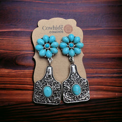 Turquoise Cluster Flower Ear Tag Earrings - Cowhide and Conchos