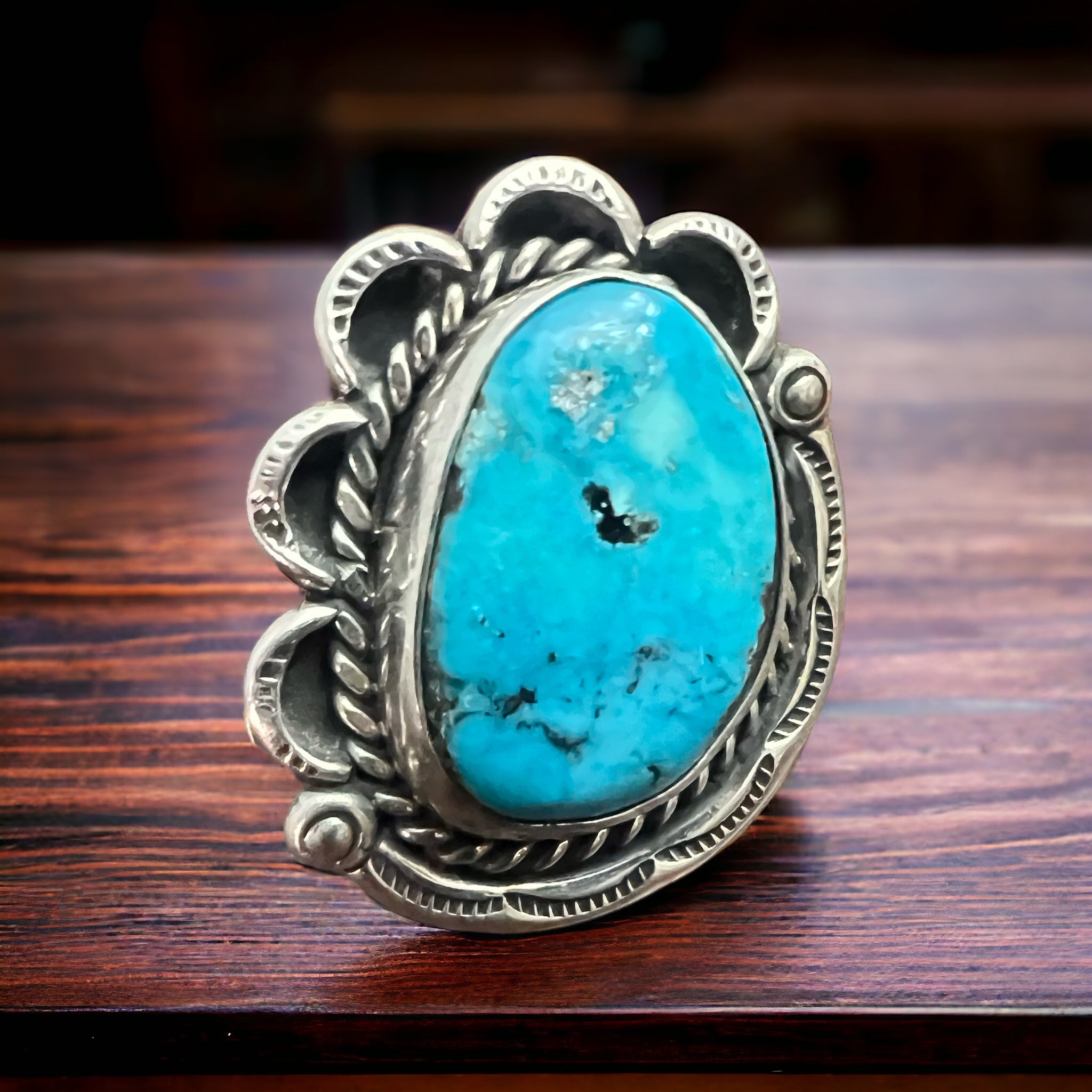 Turquoise Ring - Gorgeous Blue & Hand stamping on Sterling - Size 7 - Cowhide and Conchos