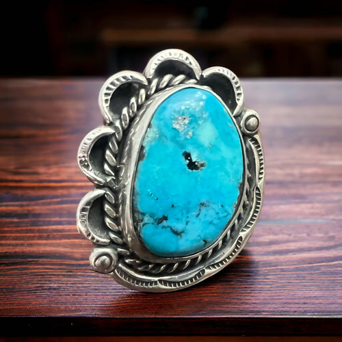 Turquoise Ring - Gorgeous Blue & Hand stamping on Sterling - Size 7 - Cowhide and Conchos