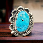 Turquoise Ring - Gorgeous Blue & Hand stamping on Sterling - Size 7 - Cowhide and Conchos