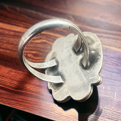 Turquoise Ring with Sterling Leaf - Size 7.5 - Cowhide and Conchos