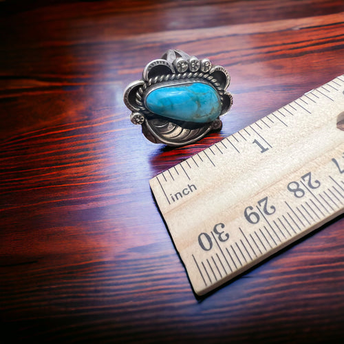 Turquoise Ring with Sterling Leaf - Size 7.5 - Cowhide and Conchos