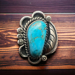 Turquoise Ring with Sterling Leaf - Size 7.5 - Cowhide and Conchos